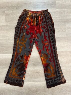 Velvet Floral Wide-Leg Pants - Red & Gold on Gray burn out velvet hippie boho